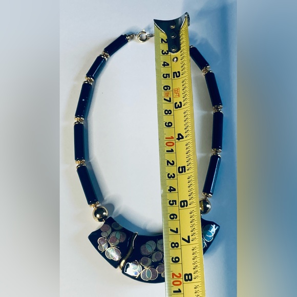 Vintage 2-Sided Japan Necklace Blue Cloisonné-like Design Gold Accents 45cm Long - Picture 9 of 10